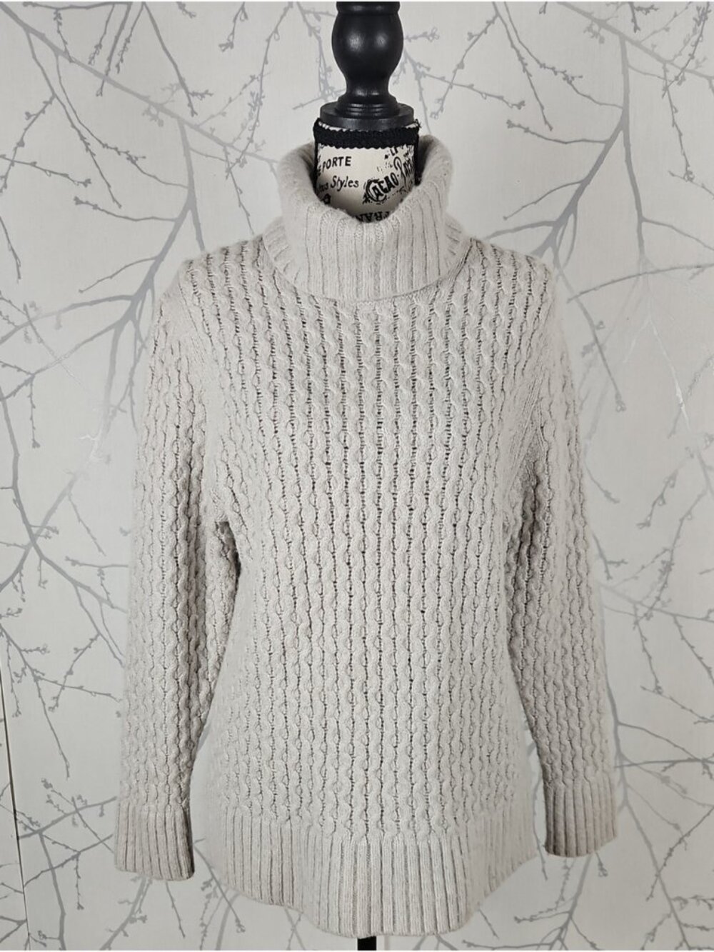 J. Crew White Birch 28% Wool Cable Knit Turtleneck Sweater